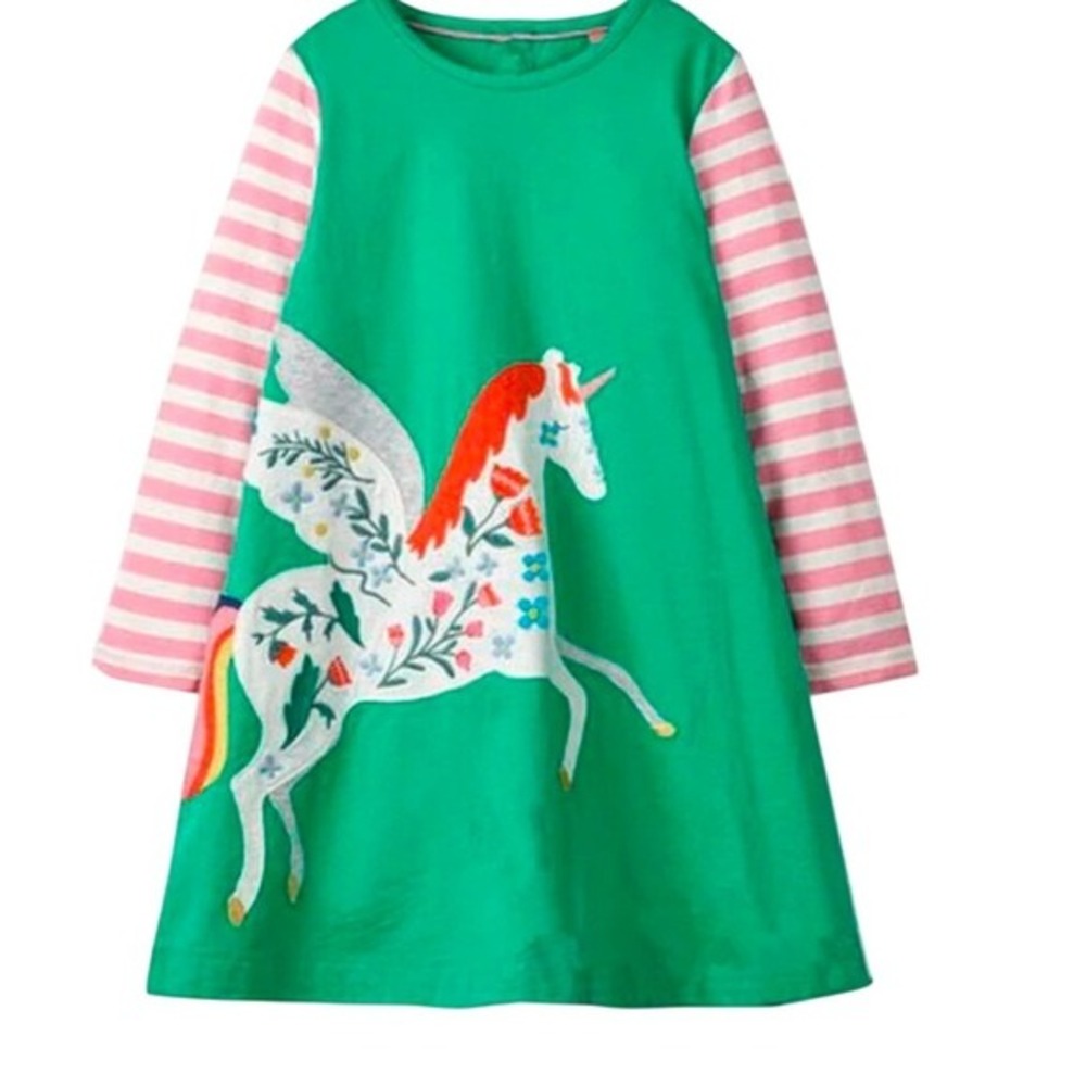 Mini Boden Green Dress with Pink Striped Sleeves and Multicolor Unicorn